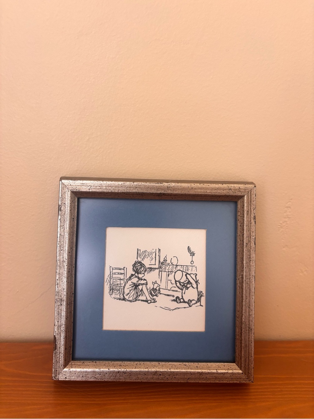 Winnie the Pooh sketch print Silver Frame with Blue Mat drawing